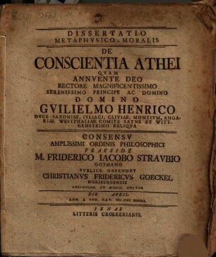 Diss. metaphys. mor. de conscientia athei
