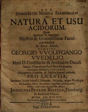 Dissertatio Medica Inauguralis De Natura Et Usu Acidorum