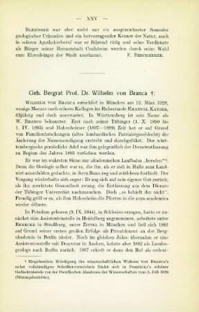 Geh. Bergrat Prof. Dr. Wilhelm von Branca ✝