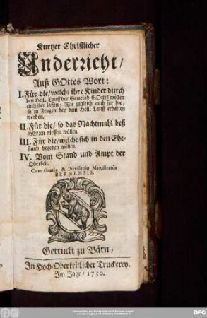 Kurtzer Underricht, Auß Gottes Wort ...