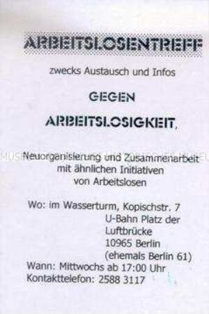 Handzettel mit Informationen zu einem Treffen von Arbeitslosen