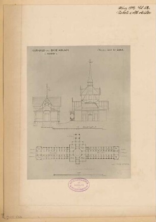 Kurhaus und Badeanlage, Hamm Monatskonkurrenz März 1882: Grundriss und 2 Querschnitte des Seitenflügels; Maßstabsleiste