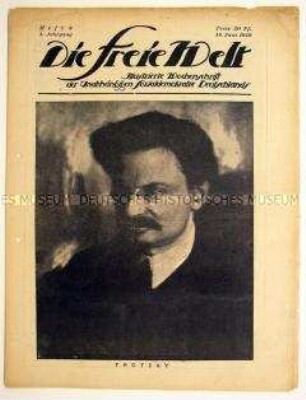 Illustrierte Wochenzeitschrift der USPD "Die Freie Welt" mit einem Titelfoto von Leo Trotzky