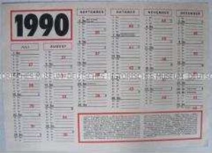 Wandkalender aus der DDR für das Jahr 1990