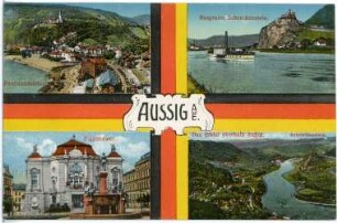 Aussig. Ansichtspostkarte mit Stadttheater, Elbtal, Ferdinandshöhe und Schreckenstein