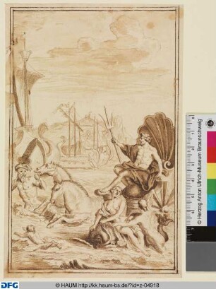 Neptun, der mit Dreizack in der Hand thronend auf dem Muschelwagen sitzt, der von Hippocampi gezogen wird