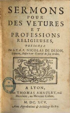 Sermons pour des vetures et professions religieuses