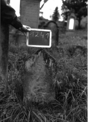 Grabstein 1241 (Index: 100104443) Material: Sandstein Zustand: vollständig verwittert Maße HxBxT: 67x32x12 cm Beschreibung: Stele mit Dreiecksabschluss Besonderheit: Kind: Grabstein 1241