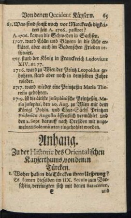 Anhang. Zu der Historie des Orientalischen Kayserthums, von denen Türcken.