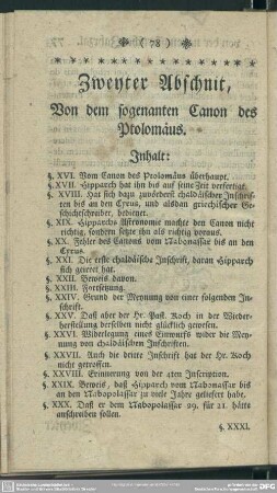 Zweyter Abschnit, Von dem sogenanten Canon des Ptolomäus