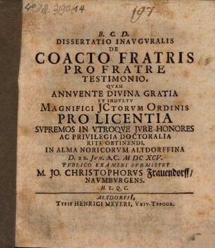 Diss. inaug. de coacto fratris pro fratre testimonio