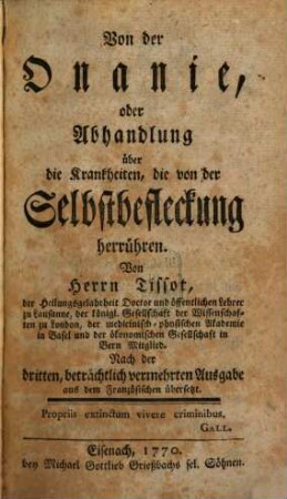 Von der Onanie, oder Abhandlung über die Krankheiten, die von der Selbstbefleckung herrühren
