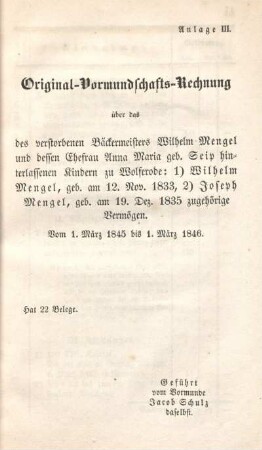 Anlage III. Original-Vormundschafts-Rechnung ...