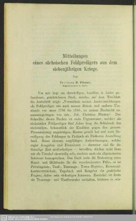 Mitteilungen eines sächsischen Feldpredigers aus dem siebenjährigen Kriege