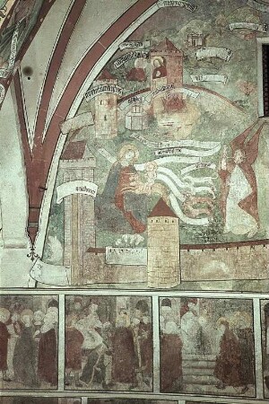 Hortus conclusus mit Himmlischem Jerusalem, Gottvater und Propheten, darunter Szenen aus dem Marienleben