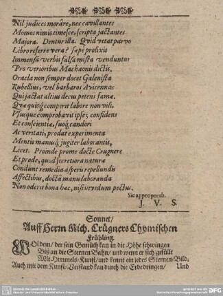 Sonnet / Auff Herrn Mich. Crügners Chymischen Frühling.