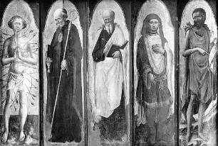 Die Heiligen Sebastian; der Heilige Benedikt; ein Heiliger Eremit, vermutlich der Heilige Pantaleon; Johannes der Täufer