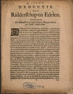 Deductie Van de Ridderschap en Edelen, Concernerende De Remonstrantie van de Heeren Burgemeesteren der Stadt Amsterdam