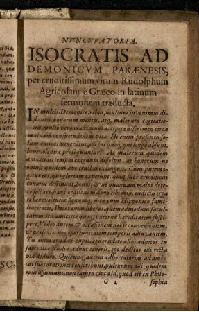 Nuncupatoria. Isocratis Ad Demonicum Paraenesis ...