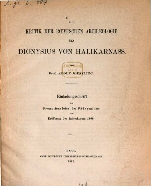 Zur Kritik der römischen Archäologie des Dionysius von Halikarnass