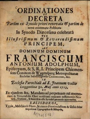 Ordinationes Et Decreta Partim ex Synodo priori renovata & partim de novo concinnata Publicata