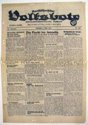 Sozialdemokratische Tageszeitung "Nordböhmischer Volksbote" u.a. zu Selbstmorden prominenter bürgerlicher Politiker in Nazi-Deutschland