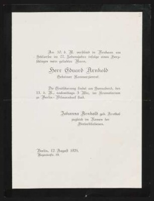 Brief von Johanna Arnhold an Gerhart Hauptmann