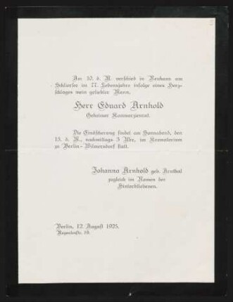 Brief von Johanna Arnhold an Gerhart Hauptmann