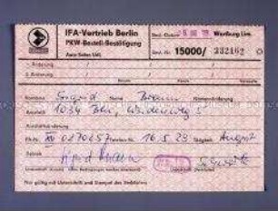 Formular für die Bestellung eines PKW Wartburg