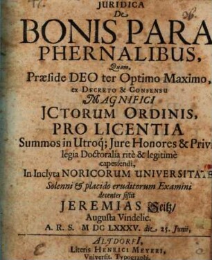 Disputatio Inauguralis Juridica De Bonis Paraphernalibus
