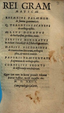 Rei Grammaticae Rhemnivs Palaemon de summa grammatices