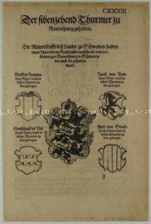 Siebzehntes Turnier zu Ravensburg im Jahr 1311 - Stadt- und Familienwappen (S. CXXXIII aus dem Turnierbuch/1. Teil)