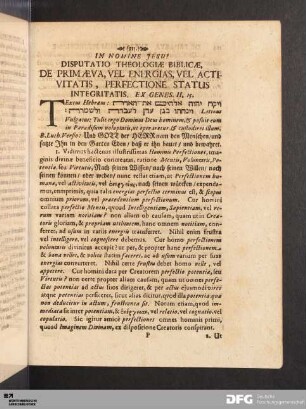 Disputatio Theologiae Biblicae, De Primaeva, Vel Energias, Vel Activitatis, Perfectione Status Integritatis.