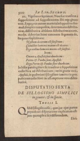Disputatio Sexta De Syllogismo Simplici in genere, & in specie.