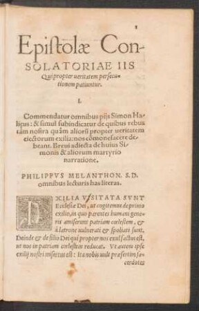 Epistolae Consolatoriae Iis Qui propter veritatem persecutionem patiuntur.