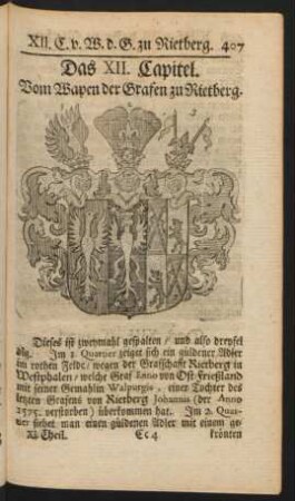 Das XII. Capitel. Vom Wapen der Grafen zu Rietberg