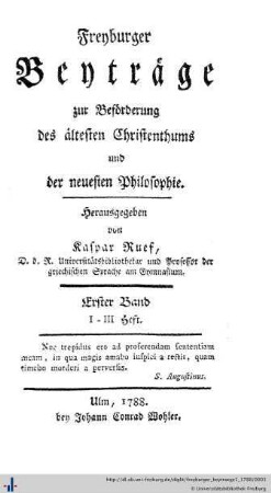1: Freyburger Beyträge zur Beförderung des ältesten Christenthums und der neuesten Philosophie