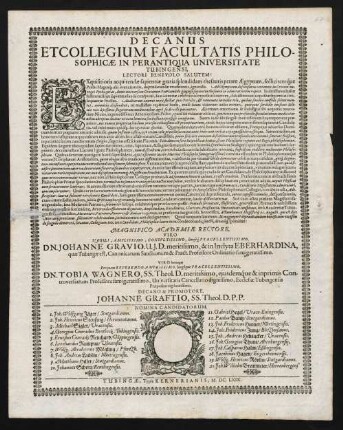 Decanus Et Collegium Facultatis Philosophicae In Perantiqua Universitate Tubingensi, Lectori Benevolo Salutem!