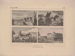 Bilderbogen mit vier Ansichten bedeutender Leipziger Gebäude: Buchhändlerbörse und Nikolaikirche, Thomaskirche und Thomasschule, Pleißenburg mit Sternwarte und Bürgerschule auf der Moritzbastei, aus einer Reihe (Zeitschrift Bauwerke?)