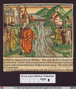 Aaron und Moses rufen die erste Plage für die Ägypter hervor (Exodus Kap. 7).