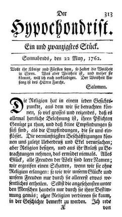 Ein und zwanzigstes Stück. Sonnabends, den 22 May, 1762.