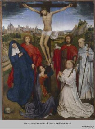 Die Kreuzigung Christi mit der Madonna, dem Heiligen Johannes Evangelista, dem Heiligen Johannes dem Täufer, der Heiligen Maria Magdalena und zwei Zisterziensern