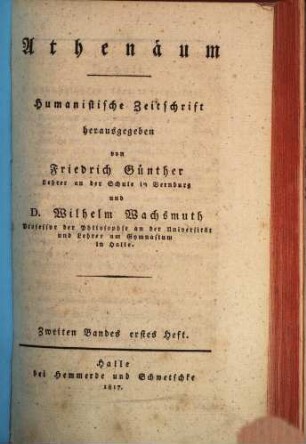 Athenaeum : humanistische Zeitschrift. 2,1, 2,1. 1817