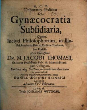 Disp. polit. de gynaecocratia subsidiaria