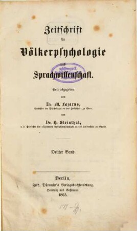 Zeitschrift für Völkerpsychologie und Sprachwissenschaft. 3. 1865