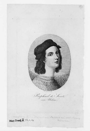 Raphael de Santi von Urbino : Raphael de Santi von Urbino ( nach Raffael' s Selbstbildnis von 1506 in den Uffizien von Florenz). Kupferstich; 10 x 7,5 cm (oval). 1809