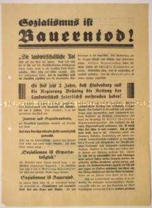 Antisozialistischer programmatischer Wahlaufruf der Deutschnationalen Volkspartei unter Hugenberg anlässlich der Preußischen Landtagswahlen April 1932