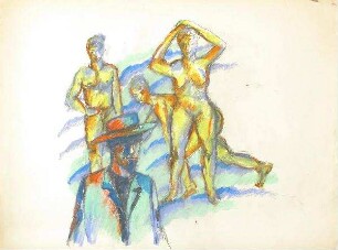 Drei Figuren und ein Mann mit Hut