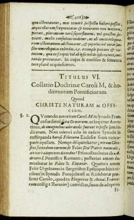 Titulus VI. Collatio Doctrinæ Caroli M. & hodiernorum Pontificiorum. Quoad Christi Naturam ac Officium.