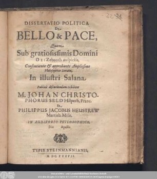 Dissertatio Politica De Bello & Pace,